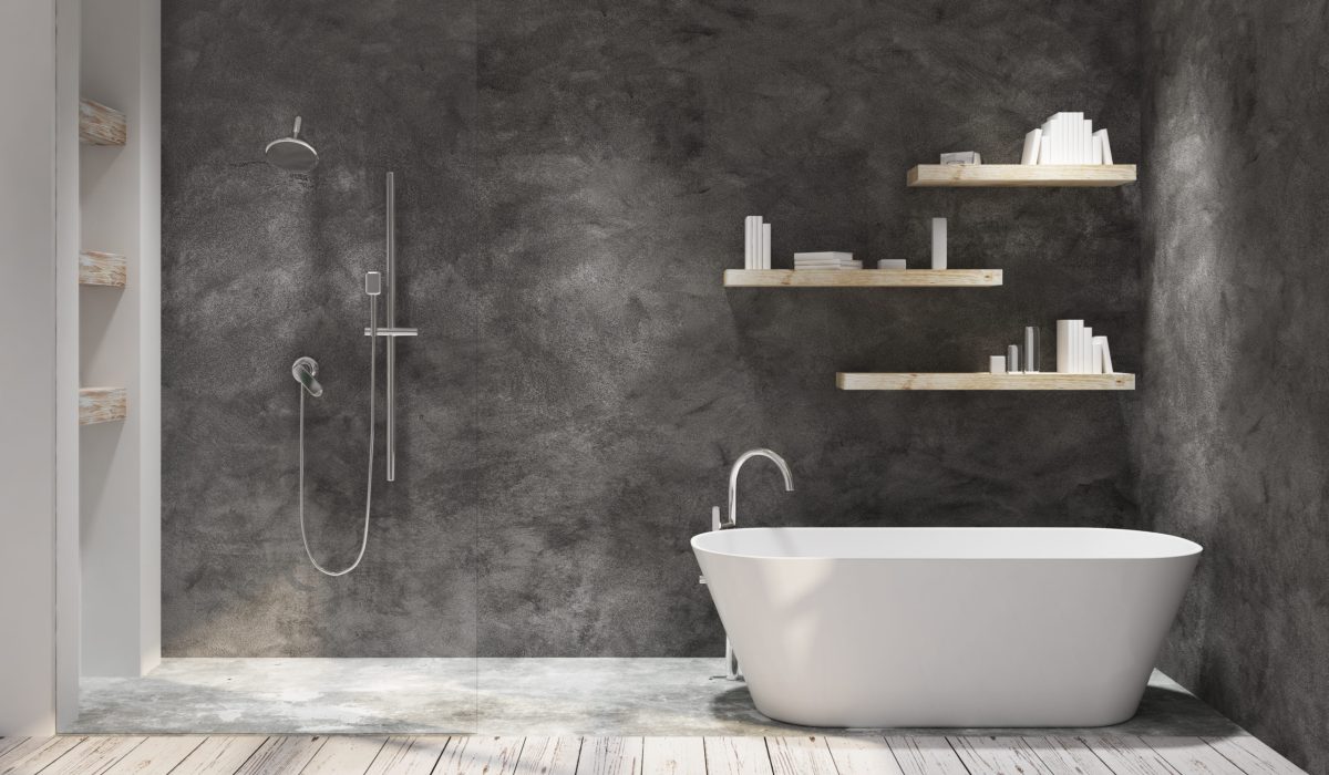 Dark bathroom interior with decorative objects. Style and design concept. 3D Rendering