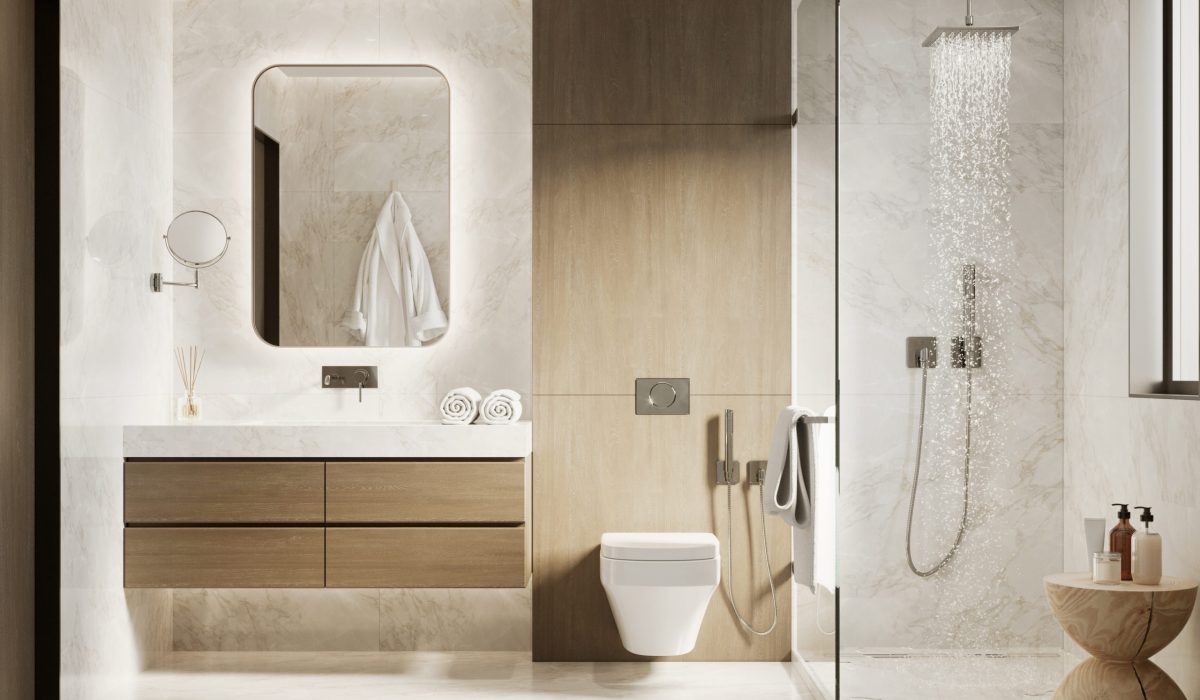 3d modern bathroom with wooden and white marble details