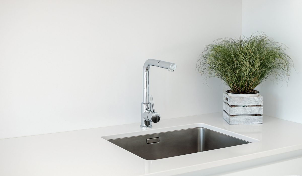 Modern kitchen sink and faucet with decorative flowers.